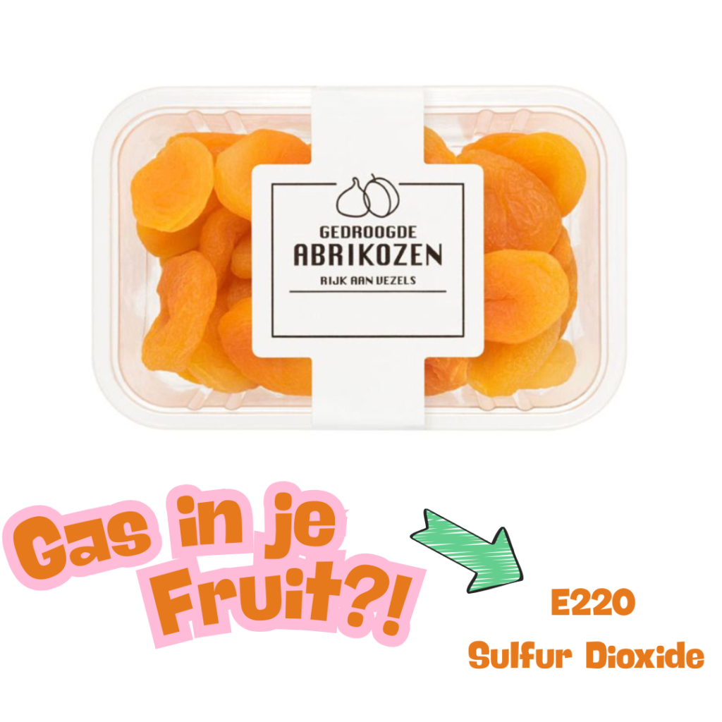 E220 (SULFUR DIOXIDE): JE GEDROOGD FRUIT WORDT GECONSERVEERD MET GAS.